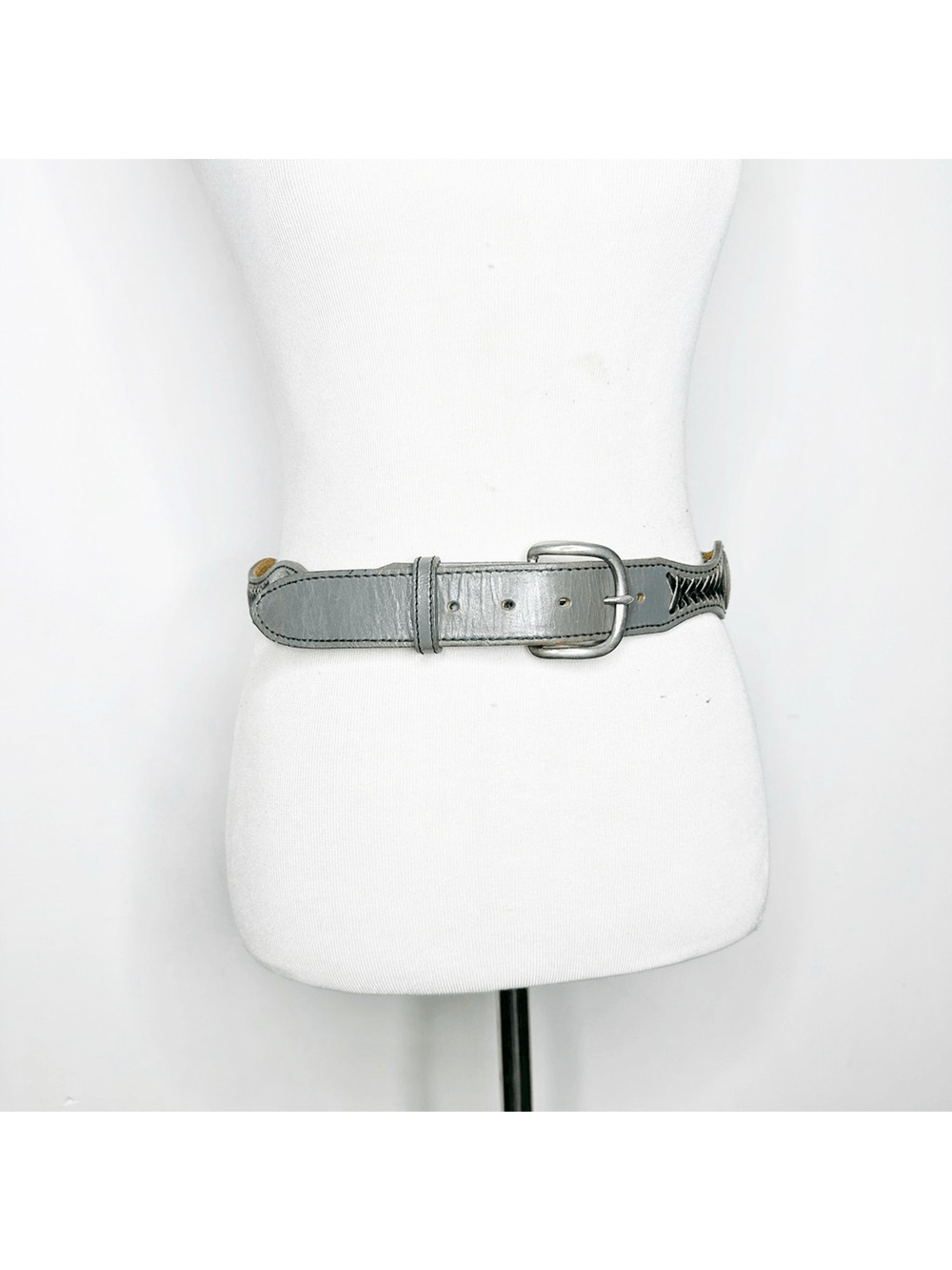 vtg WRIGHT woven leather medallion belt GRAY boho waist cinching western S/M